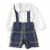 Cheapest ⌛ Edgehill Collection Baby Boys 3-24 Months Long Sleeve Peter Pan Collar Tee & Blackwatch Plaid Suspender Shortall Set Green Plaid 🤩
