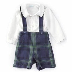 Cheapest ⌛ Edgehill Collection Baby Boys 3-24 Months Long Sleeve Peter Pan Collar Tee & Blackwatch Plaid Suspender Shortall Set Green Plaid 🤩
