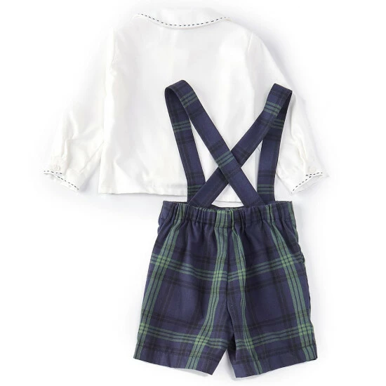 Cheapest β Edgehill Collection Baby Boys 3-24 Months Long Sleeve Peter Pan Collar Tee & Blackwatch Plaid Suspender Shortall Set Green Plaid π€© 2 Cheapest β Edgehill Collection Baby Boys 3-24 Months Long Sleeve Peter Pan Collar Tee & Blackwatch Plaid Suspender Shortall Set Green Plaid π€© - Image 2