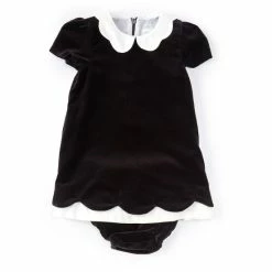 Cheap 🌟 Edgehill Collection Baby 👧 Girls 3-24 Months Scallop Collar Velvet Short Sleeve Babydoll 👗 Dress Black ✔️