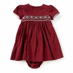 Coupon 🎁 Edgehill Collection Baby 👧 Girls 3-24 Months Smocked Corduroy Short Sleeve Baby Doll 👗 Dress Burgundy 👏