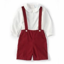 New 🤩 Edgehill Collection Baby Boys 12-24 Months Peter Pan Collar Long Sleeve Top & Suspender Shortall Set Burgundy 💯