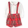 Brand new 🧨 Edgehill Collection Baby Boys 3-24 Months Long Sleeve Peter Pan Collar 👕 Shirt & Tartan Plaid Suspender Short Set Red 😉