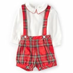 Brand new 🧨 Edgehill Collection Baby Boys 3-24 Months Long Sleeve Peter Pan Collar 👕 Shirt & Tartan Plaid Suspender Short Set Red 😉
