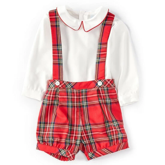 Brand new 𧨠Edgehill Collection Baby Boys 3-24 Months Long Sleeve Peter Pan Collar π Shirt & Tartan Plaid Suspender Short Set Red π 1 Brand new 𧨠Edgehill Collection Baby Boys 3-24 Months Long Sleeve Peter Pan Collar π Shirt & Tartan Plaid Suspender Short Set Red π