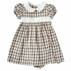 Deals 🛒 Edgehill Collection Baby 👧 Girls 12-24 Months Plaid Peter Pan Collar Short Sleeve A-Line 👗 Dress Brown/grey 🌟