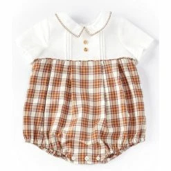 New 👏 Edgehill Collection Baby Boys 3-9 Months Smocked Peter Pan Collar Short Sleeve Plaid Bubble Coverall Brown/ivory/rust ⌛