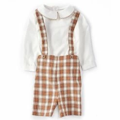Buy 🌟 Edgehill Collection Baby Boys 12-24 Months Long Sleeve Peter Pan Collar 👚 Shirt & Plaid Suspender Short Set Brown/ivory/rust 🎉