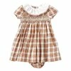 Hot Sale 👏 Edgehill Collection Baby 👧 Girls 3-24 Months Smocked Plaid Peterpan Collar Short Sleeve A-Line 👗 Dress Brown 😍