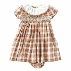 Hot Sale 👏 Edgehill Collection Baby 👧 Girls 3-24 Months Smocked Plaid Peterpan Collar Short Sleeve A-Line 👗 Dress Brown 😍