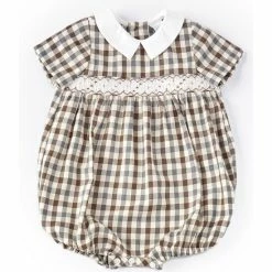 Outlet 🔔 Edgehill Collection Baby Boys 3-24 Months Smocked Plaid Short Sleeve Bubble Coverall Brown/grey 👏