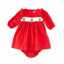 Wholesale 👍 Edgehill Collection Baby 👧 Girls 3-24 Months Long Ruffle Sleeve 🎅 Christmas Tree 👗 Dress & Bloomer Set Red 🎉